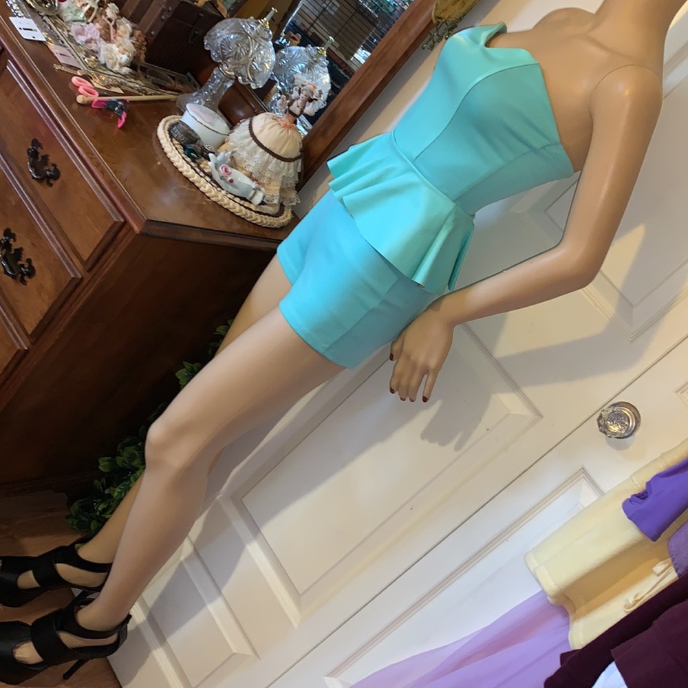 y2k Turquoise strapless bustier leather peplum shorts romper playsuit jumpsuit S